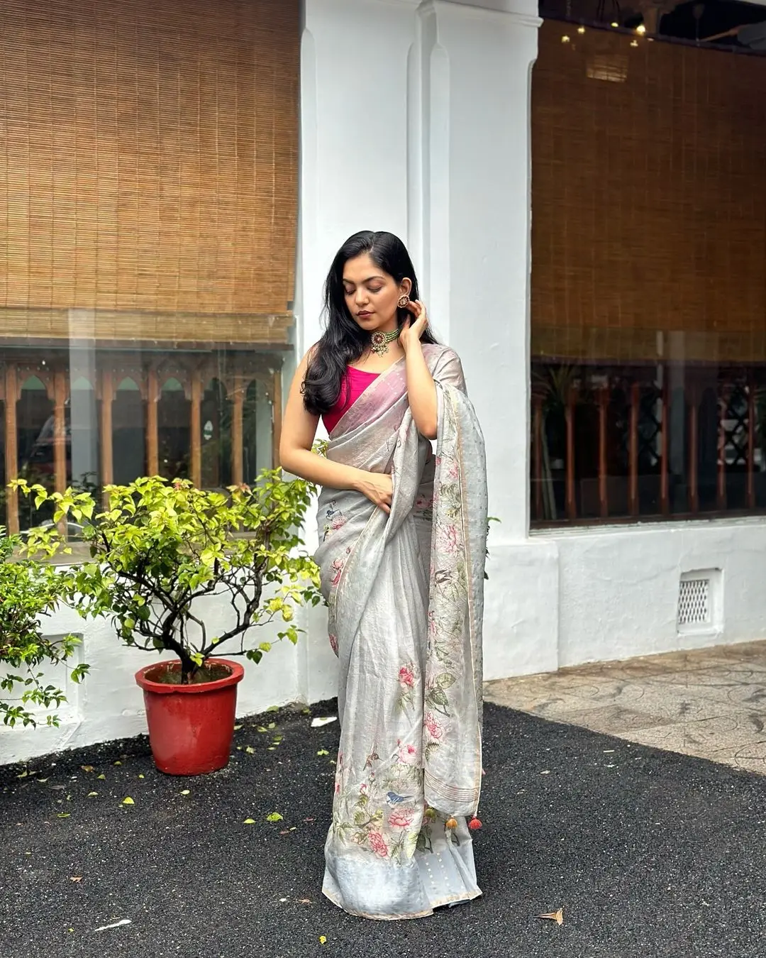 Ahaana Krishna in Green Saree Sleeveless Red Blouse